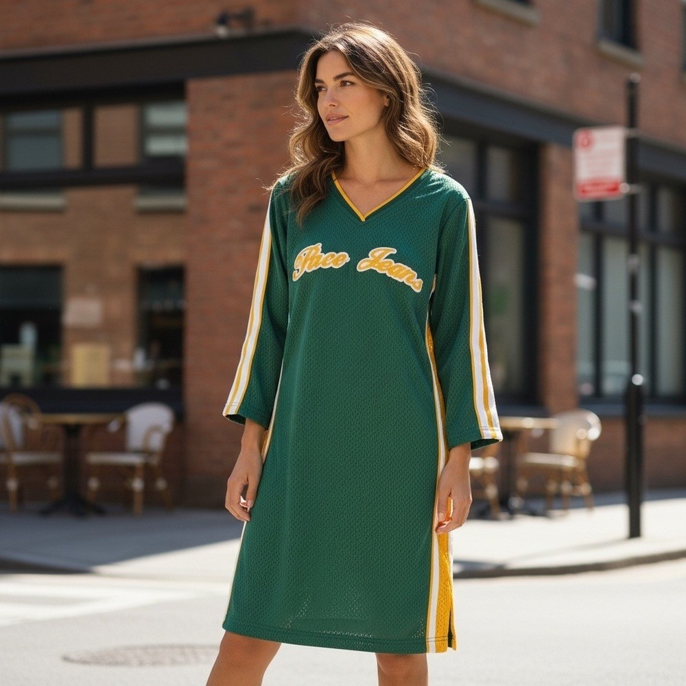 Vintage Paco Jeans Green Mesh Jersey Dress Size XL Long Sleeve V Neck - NEW‎